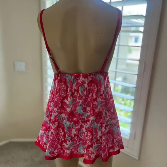 Red Floral Babydoll Sheer Adjustable Strap Slip Nineteen Sexy Sleep Dress Medium - Picture 7 of 11